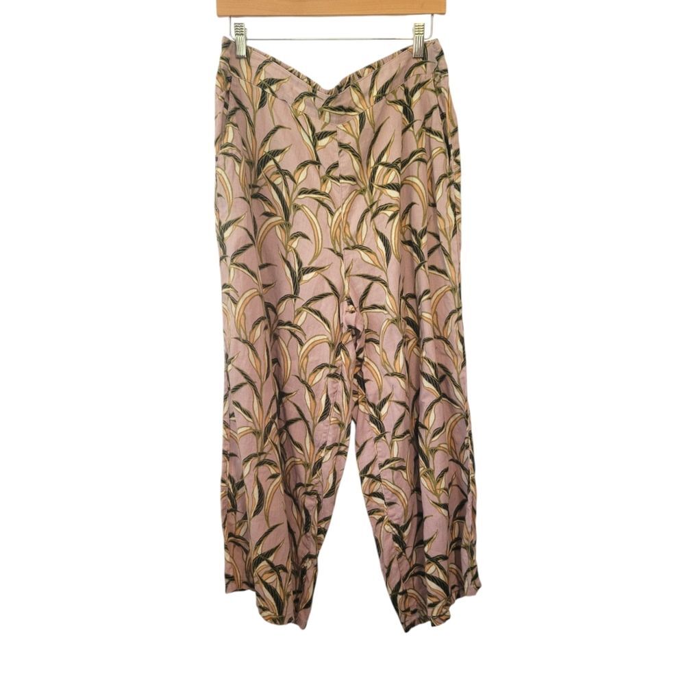 Tahari 100% Linen Wide-Leg Cropped Leaf Pants Elastic Waist Multicolor Size XL